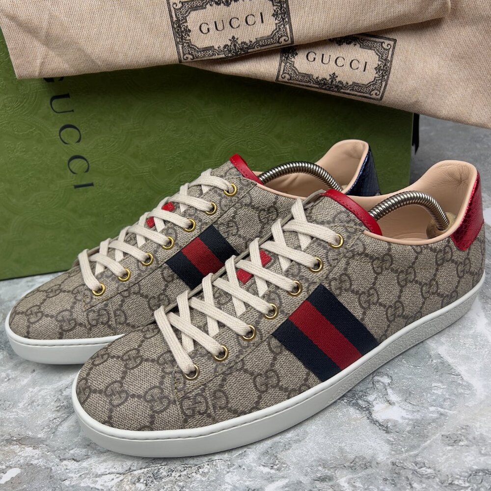 Gucci ACE GG Supreme Canvas Python Sneakers Beige Leather 10.5 US or 40.5 EUR